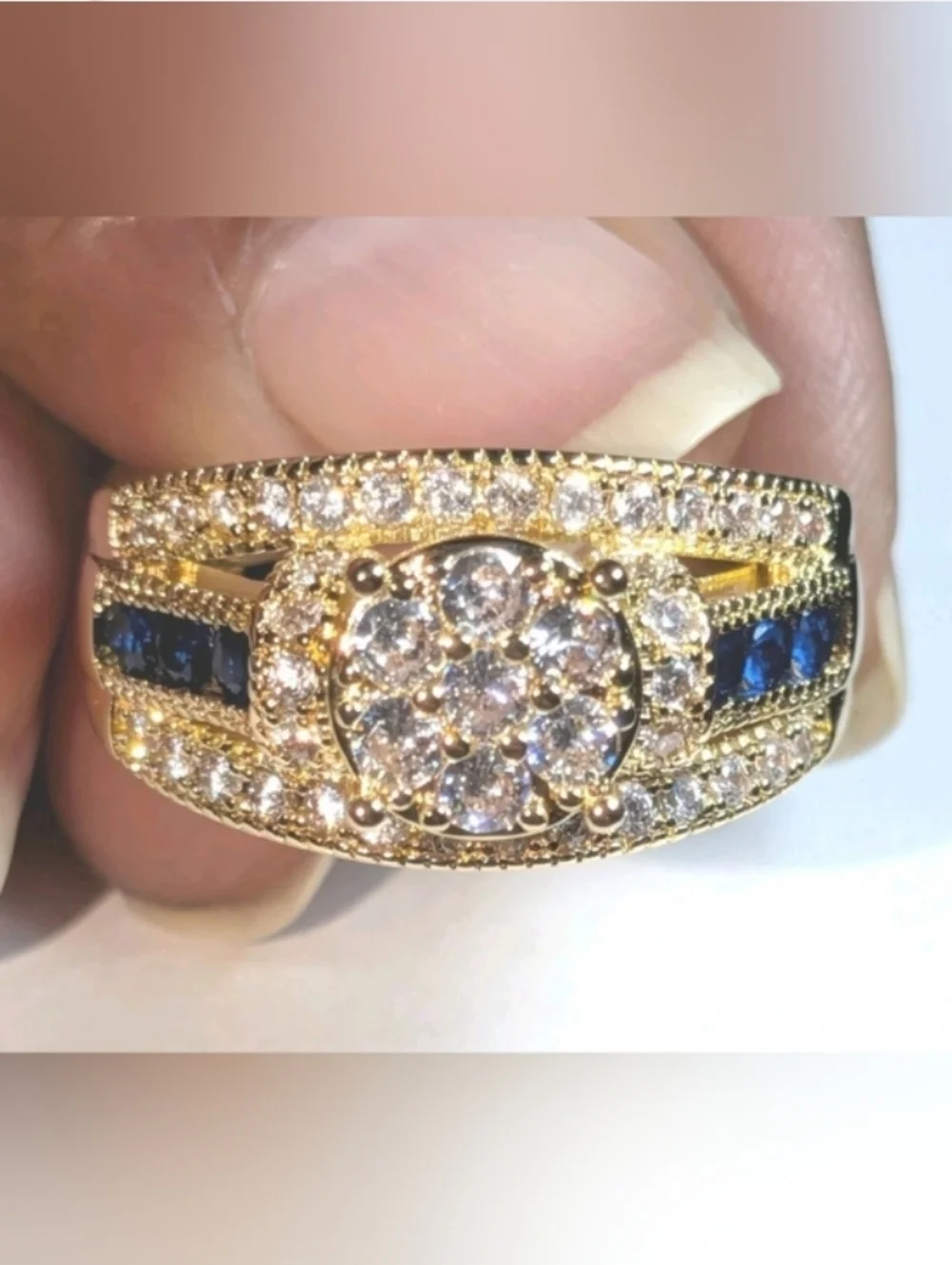 Classic Gold-Plated Blue Lab Created Sapphire Cluster Ring - Women Jewelry Sz 10